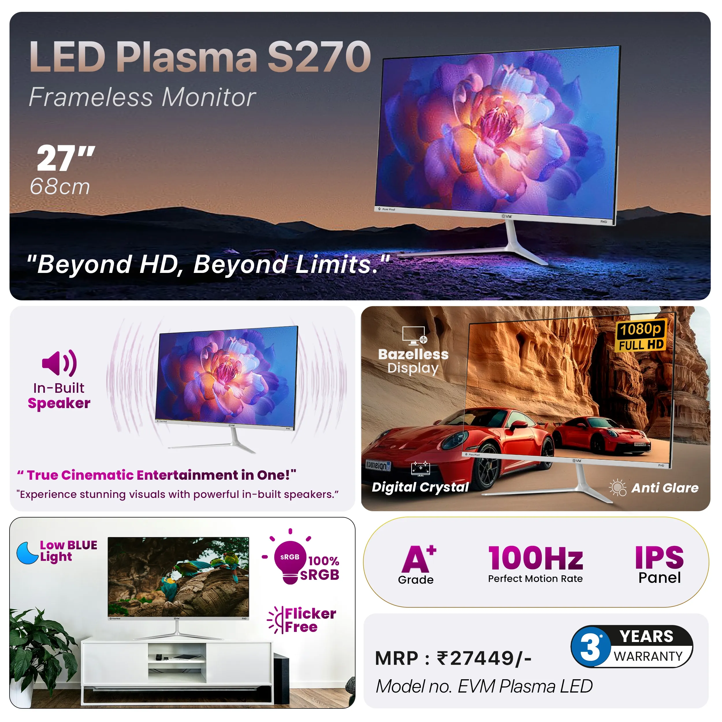 EVM LED Monitor 27" FHD IPS 100Hz with HDMI | VGA | Speaker (Plasma S270) view 3